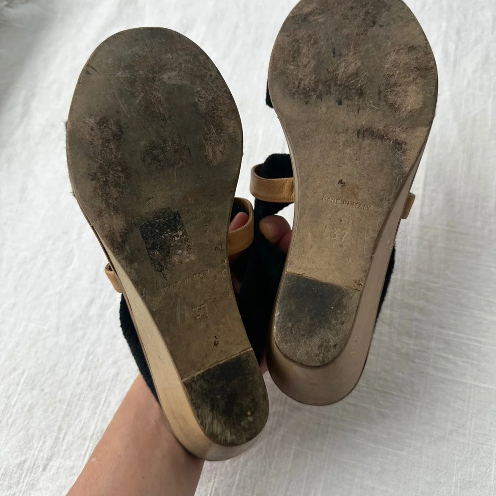 MM6 Maison Margiela Wedge Sandals Black Fabric Strappy Slip‎ On Slides 37